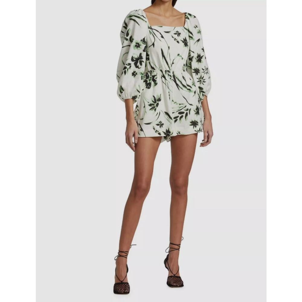 Tanya Taylor Stevie Romper Shorts White Linen Floral Square Neck 3/4 Sleeve Sz S